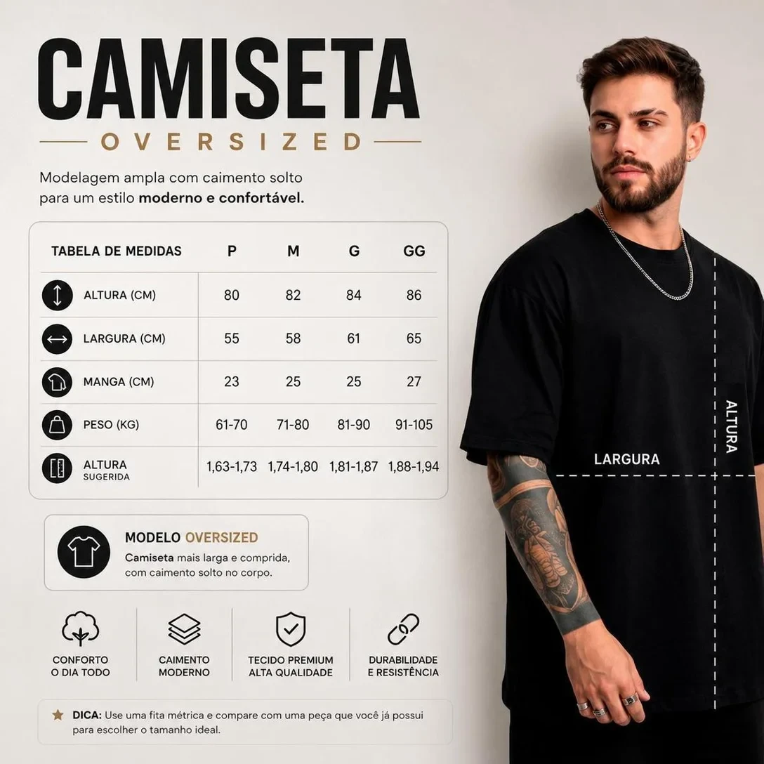 Tabela de medidas da camiseta oversized: altura, largura e manga em centímetros, peso em quilos e altura sugerida dos tamanhos P, M, G e GG, com um modelo vestindo a camiseta preta e as linhas de altura e largura