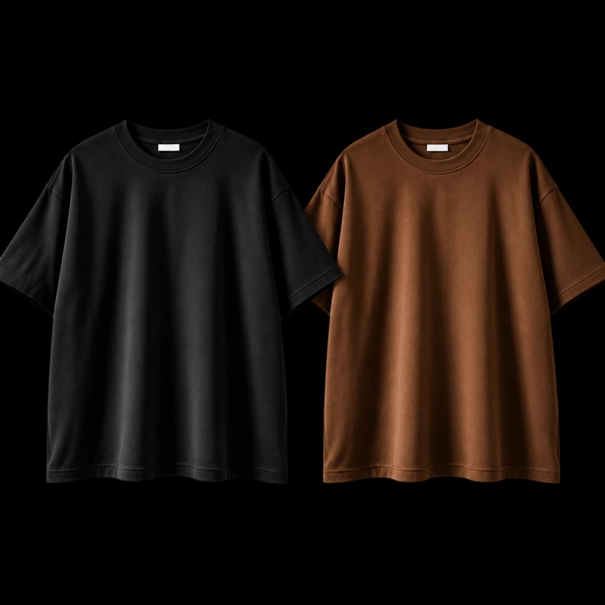 Camisetas Suedine Premium preta e marrom, lado a lado