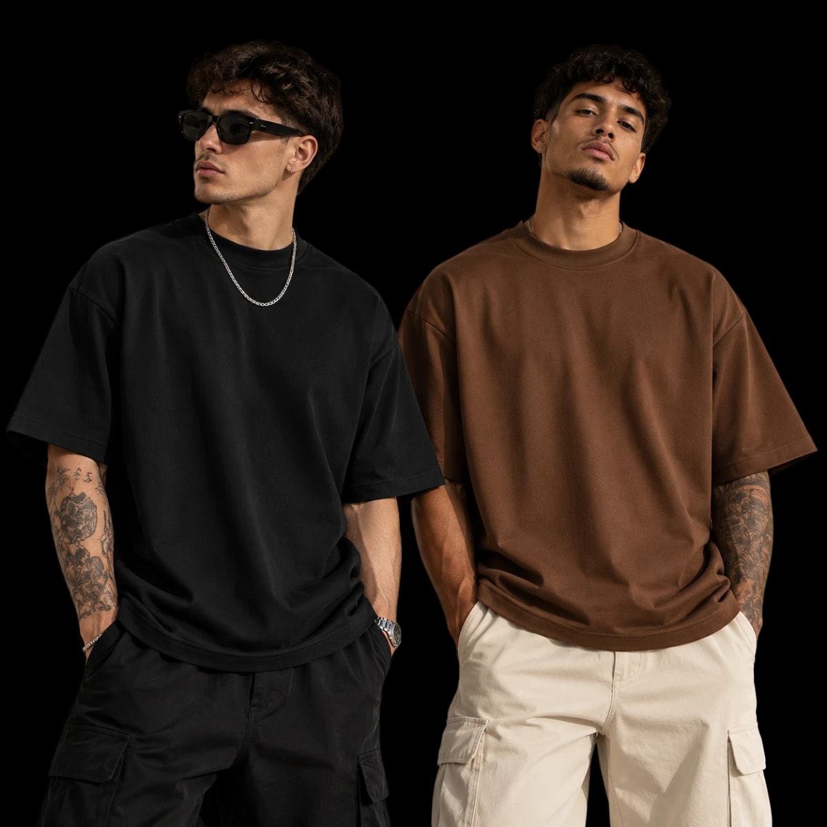 Camiseta Suedine Premium em dois modelos, um de preto e um de marrom